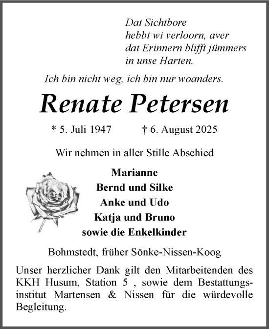 Traueranzeige von Renate Petersen von Husumer Nachrichten, Nordfriesland Tageblatt