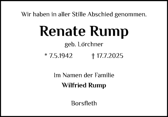 Traueranzeige von Renate Rump von Norddeutsche Rundschau, Wilstersche Zeitung, Glückstädter Fortuna