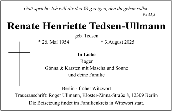 Traueranzeige von Renate Henriette Tedsen-Ullmann von Husumer Nachrichten, Nordfriesland Tageblatt