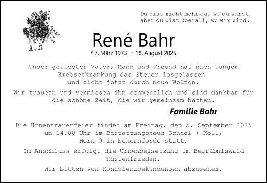 Traueranzeige von René Bahr von Eckernförder Zeitung, Hallo Eckernförde