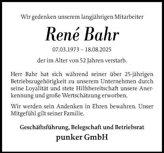 Traueranzeige von René Bahr von Eckernförder Zeitung, Hallo Eckernförde
