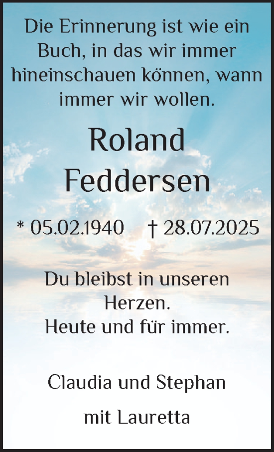 Traueranzeige von Roland Feddersen von Husumer Nachrichten, Nordfriesland Tageblatt