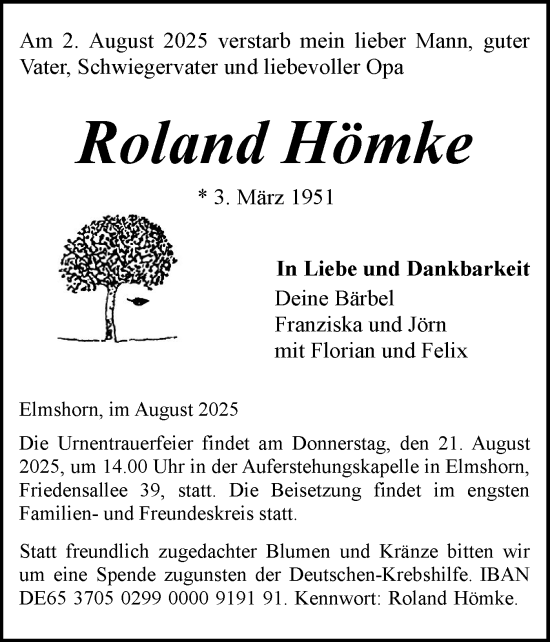 Traueranzeige von Roland Hömke von Elmshorner Nachrichten, Barmstedter Zeitung