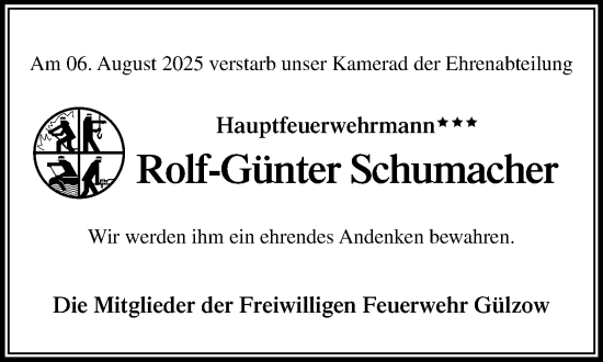 Traueranzeige von Rolf-Günter Schumacher von Wochenend Anzeiger