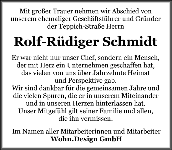 Traueranzeige von Rolf-Rüdiger Schmidt von Flensburger Tageblatt