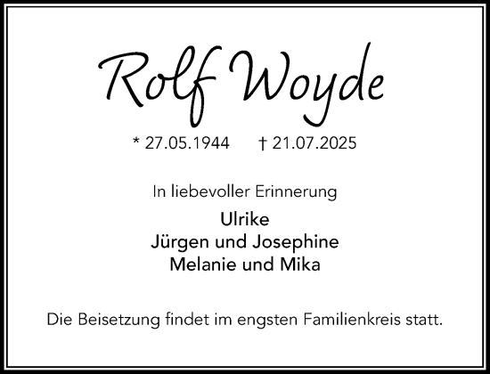 Traueranzeige von Rolf Woyde von MARKT Glinde/Reinfeld