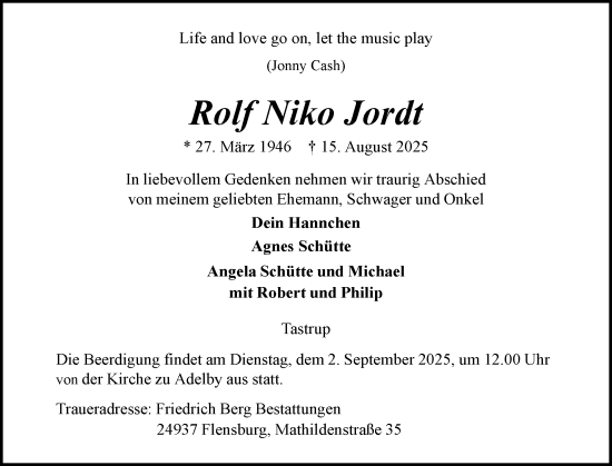 Traueranzeige von Rolf Niko Jordt von Flensburger Tageblatt