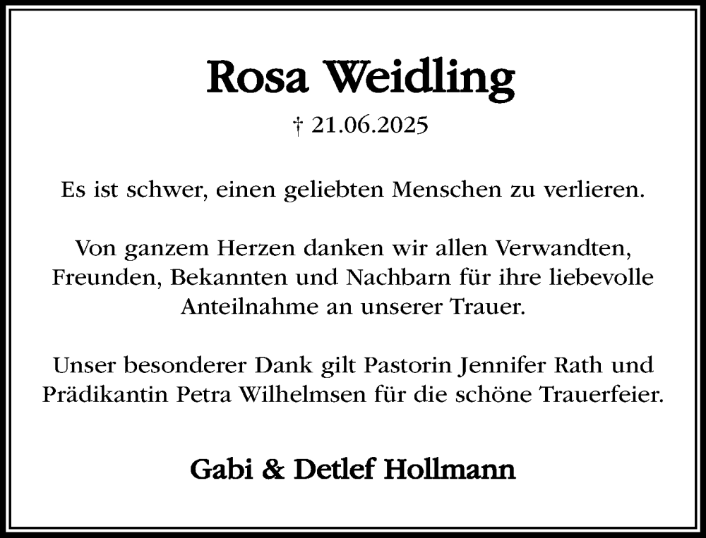  Traueranzeige für Rosa Weidling vom 09.08.2025 aus MARKT Ratzeburg/Mölln