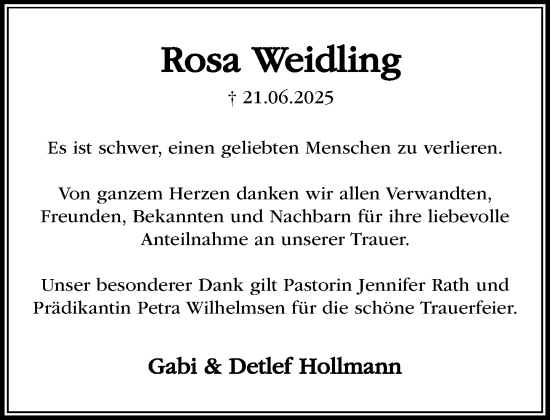 Traueranzeige von Rosa Weidling von MARKT Ratzeburg/Mölln