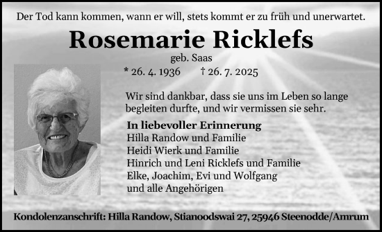 Traueranzeige von Rosemarie Ricklefs von Der Insel-Bote
