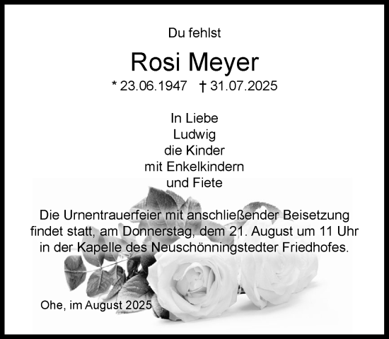 Traueranzeige von Rosi Meyer von MARKT Glinde/Reinbek