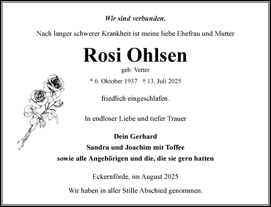 Traueranzeige von Rosi Ohlsen von Eckernförder Zeitung, Hallo Eckernförde
