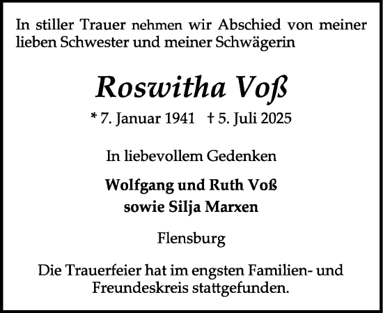 Traueranzeige von Roswitha Voß von Flensburger Tageblatt
