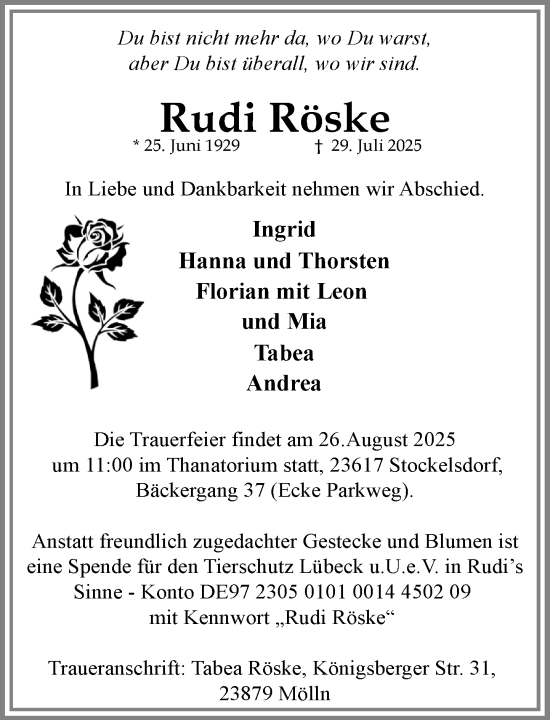 Traueranzeige von Rudi Röske von MARKT Ratzeburg/Mölln