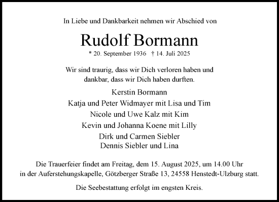 Traueranzeige von Rudolf Bormann von Umschau
