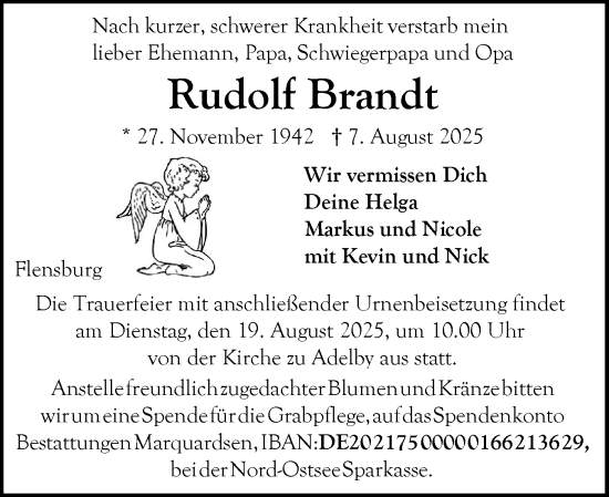 Traueranzeige von Rudolf Brandt von Flensburger Tageblatt