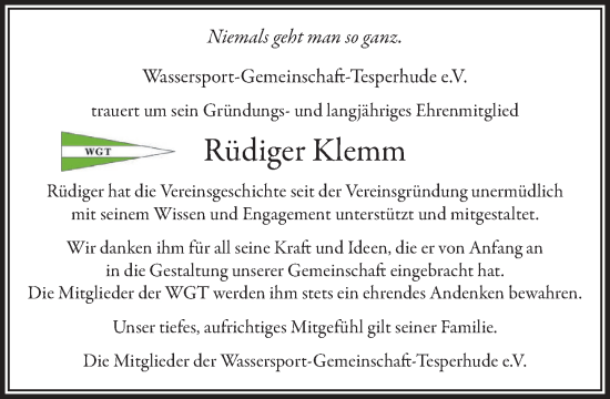 Traueranzeige von Rüdiger Klemm von Wochenend Anzeiger