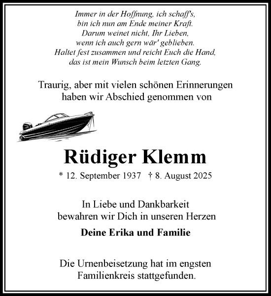 Traueranzeige von Rüdiger Klemm von Wochenend Anzeiger