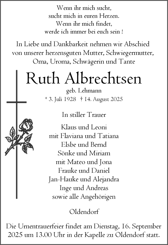 Traueranzeige von Ruth Albrechtsen von Norddeutsche Rundschau, Wilstersche Zeitung, Glückstädter Fortuna