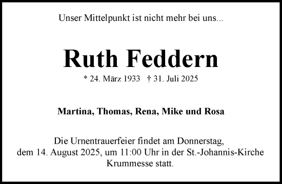 Traueranzeige von Ruth Feddern von MARKT Ratzeburg/Mölln
