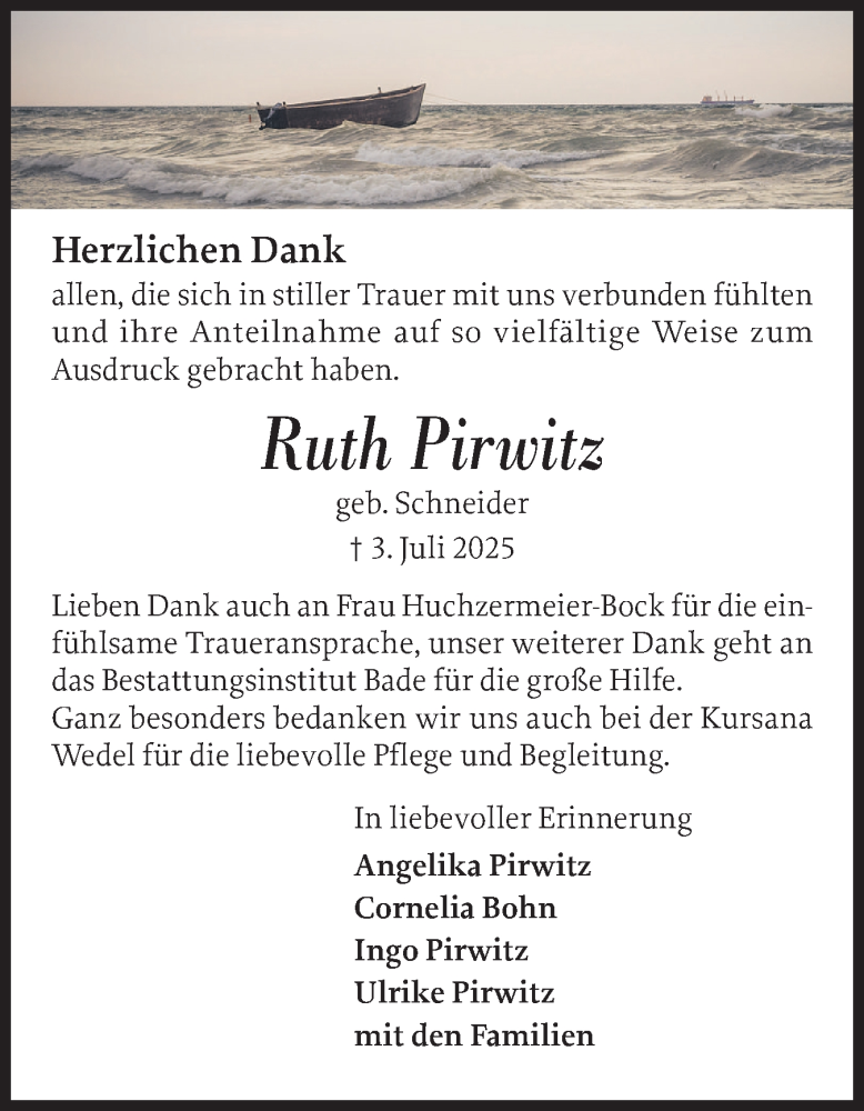  Traueranzeige für Ruth Pirwitz vom 23.08.2025 aus Wedel-Schulauer Tageblatt, tip Wedel-Schulauer Tageblatt, tip Rissener Rundschau