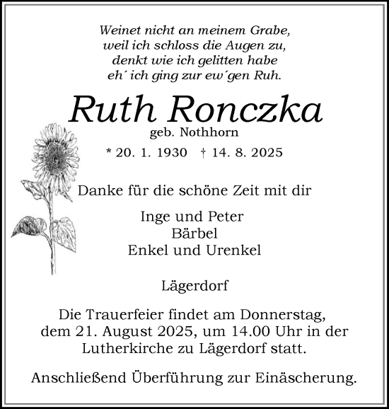 Traueranzeige von Ruth Ronczka von Norddeutsche Rundschau, Wilstersche Zeitung, Glückstädter Fortuna