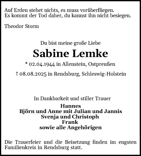 Traueranzeige von Sabine Lemke von Schleswig-Holsteinische Landeszeitung