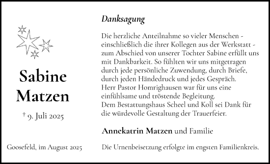 Traueranzeige von Sabine Matzen von Eckernförder Zeitung, Hallo Eckernförde