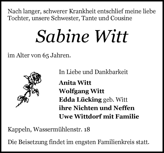 Traueranzeige von Sabine Witt von Schleswiger Nachrichten, Schlei-Bote