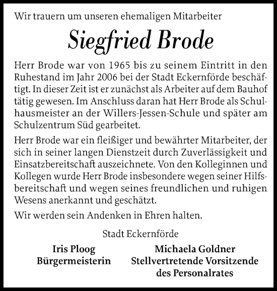 Traueranzeige von Siegfried Brode von Eckernförder Zeitung