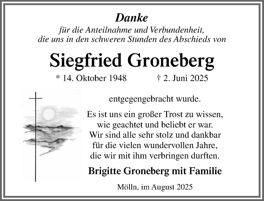  Traueranzeige für Siegfried Groneberg vom 09.08.2025 aus MARKT Ratzeburg/Mölln