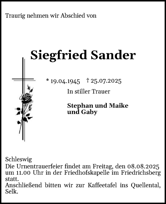 Traueranzeige von Siegfried Sander von Schleswiger Nachrichten, Schlei-Bote