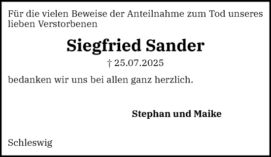 Traueranzeige von Siegfried Sander von Schleswiger Nachrichten, Schlei-Bote
