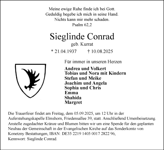 Traueranzeige von Sieglinde Conrad von Elmshorner Nachrichten, Barmstedter Zeitung