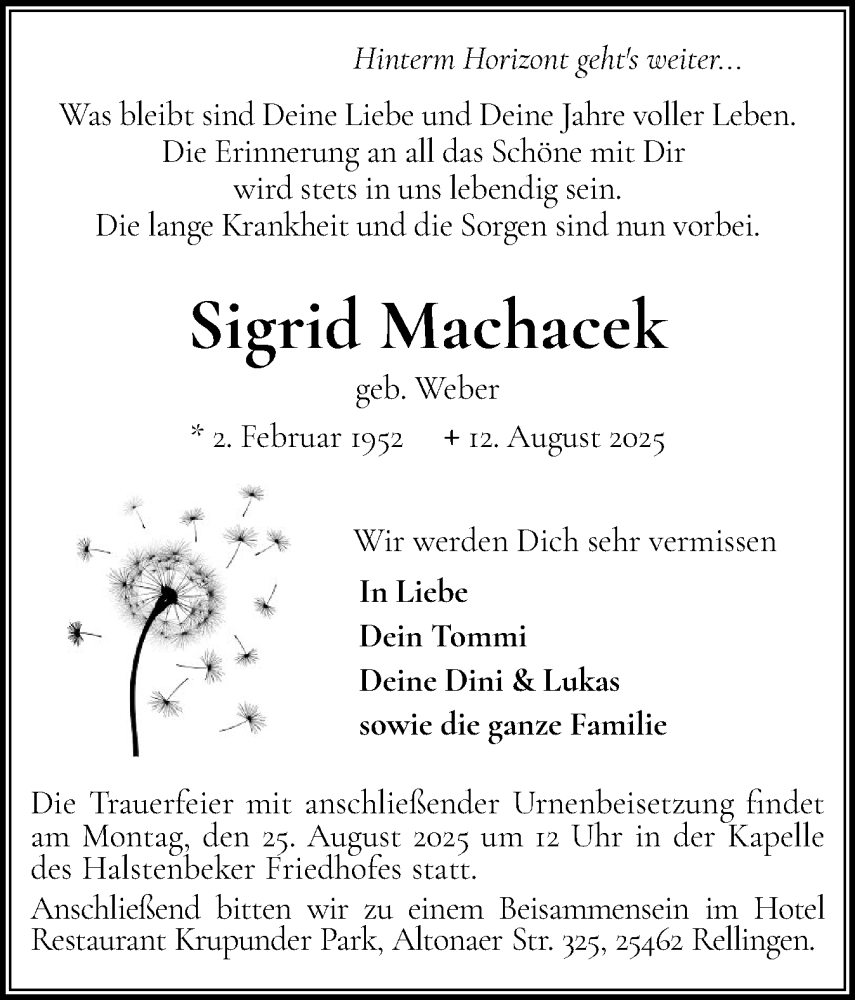  Traueranzeige für Sigrid Machacek vom 16.08.2025 aus Region Pinneberg und tip Pinneberg
