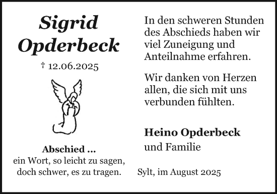 Traueranzeige von Sigrid Opderbeck von Sylter Rundschau