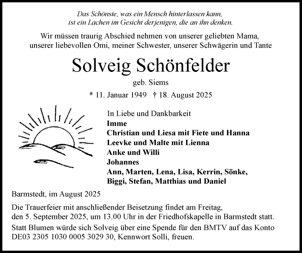  Traueranzeige für Solveig Schönfelder vom 30.08.2025 aus Elmshorner Nachrichten, Barmstedter Zeitung