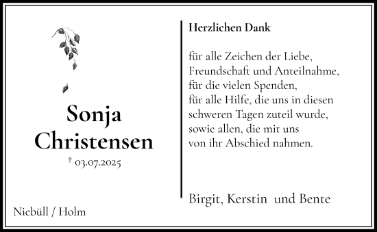 Traueranzeige von Sonja Christensen von Husumer Nachrichten, Nordfriesland Tageblatt