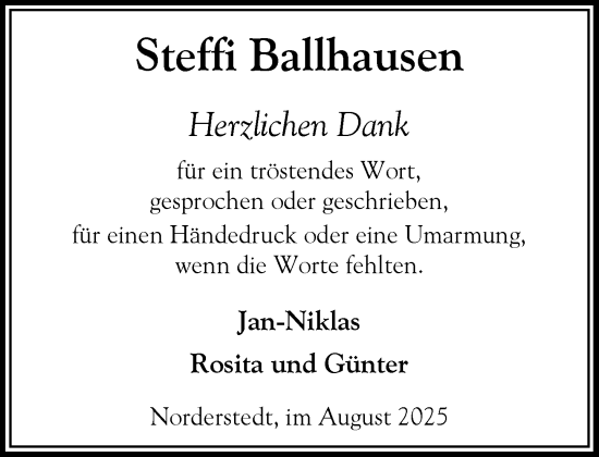 Traueranzeige von Steffi Ballhausen von Heimatspiegel