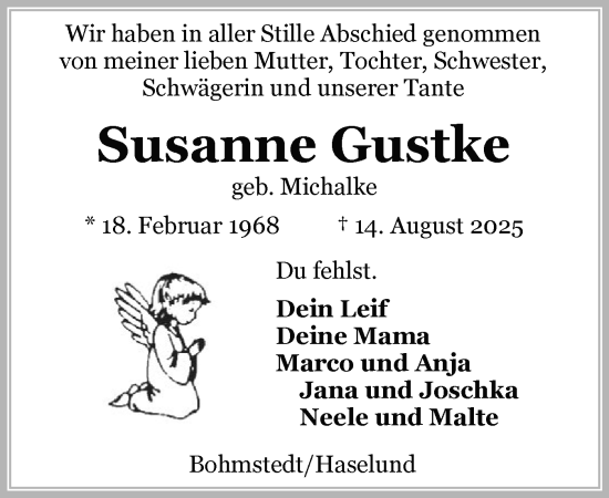 Traueranzeige von Susanne Gustke von Husumer Nachrichten, Nordfriesland Tageblatt