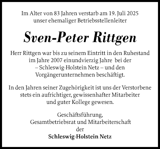 Traueranzeige von Sven-Peter Rittgen von Husumer Nachrichten, Nordfriesland Tageblatt
