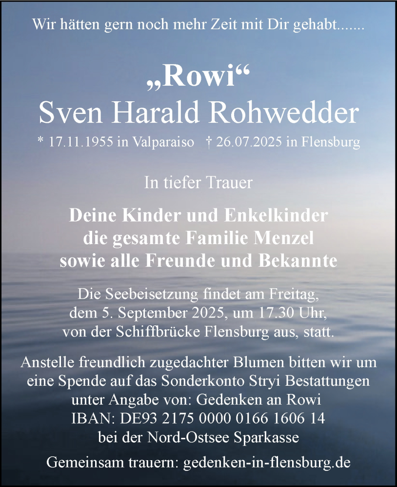  Traueranzeige für Sven Harald Rohwedder vom 16.08.2025 aus Flensburger Tageblatt