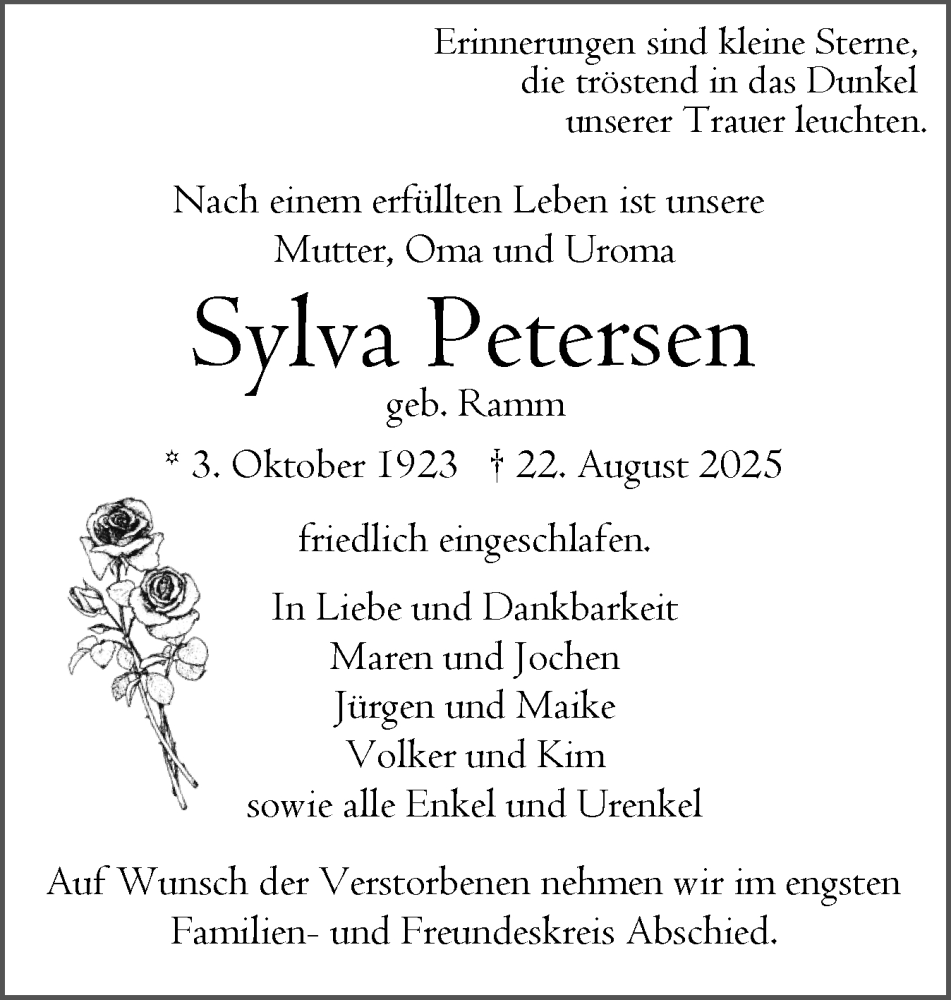  Traueranzeige für Sylva Petersen vom 30.08.2025 aus Norddeutsche Rundschau, Wilstersche Zeitung, Glückstädter Fortuna