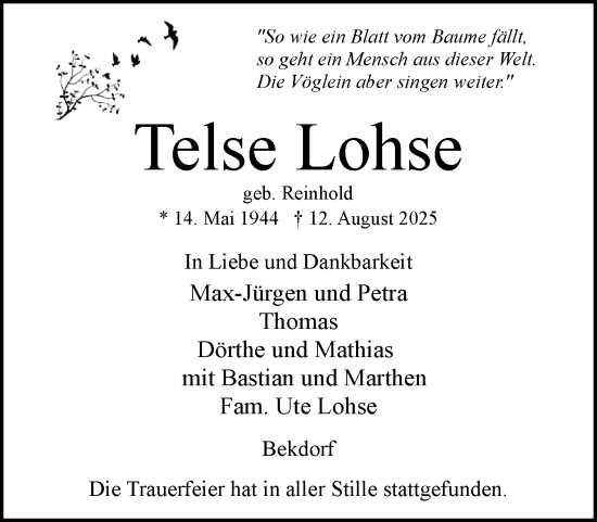 Traueranzeige von Telse Lohse von Norddeutsche Rundschau, Wilstersche Zeitung, Glückstädter Fortuna