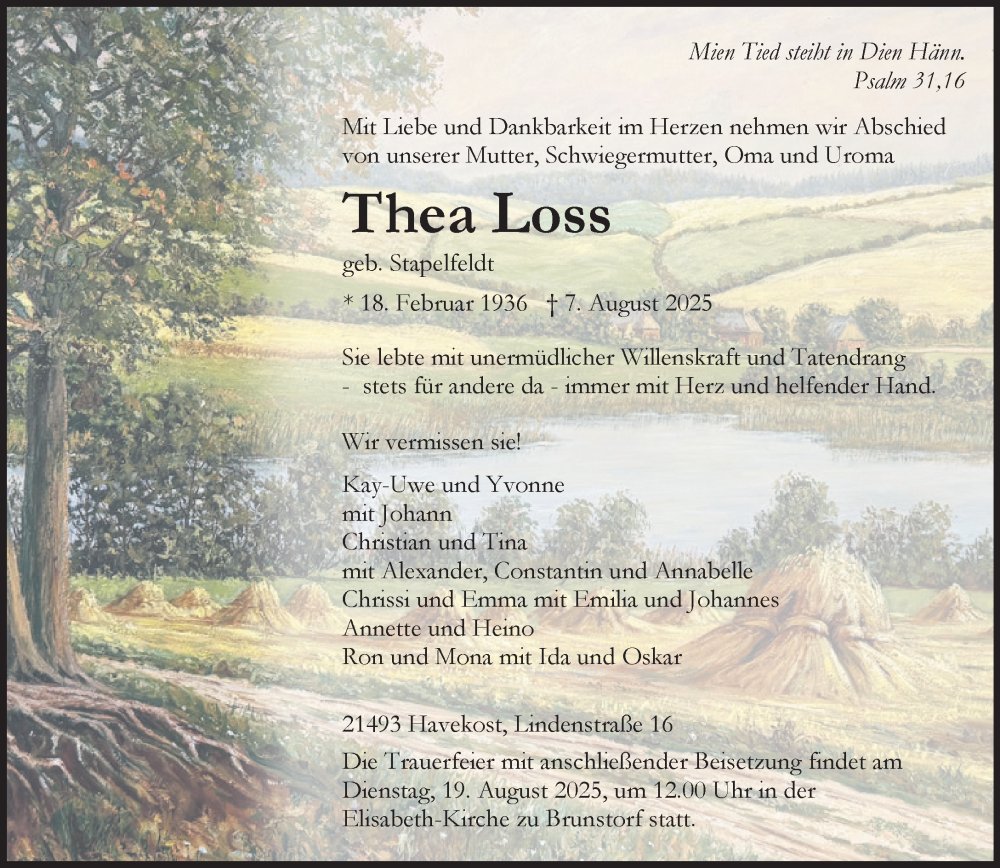  Traueranzeige für Thea Loss vom 16.08.2025 aus Wochenend Anzeiger