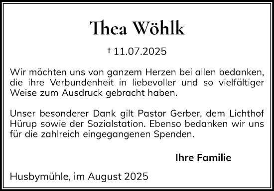 Traueranzeige von Thea Wöhlk von Flensburger Tageblatt