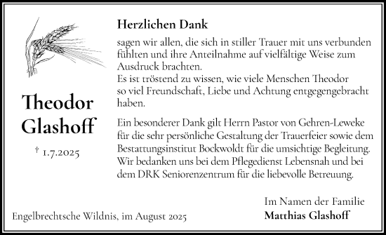 Traueranzeige von Theodor Glashoff von Norddeutsche Rundschau, Wilstersche Zeitung, Glückstädter Fortuna