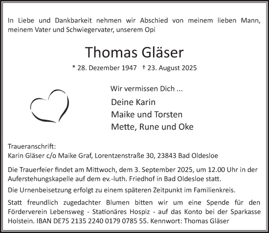 Traueranzeige von Thomas Gläser von MARKT Bad Oldesloe/Reinfeld und Stormarner Tageblatt