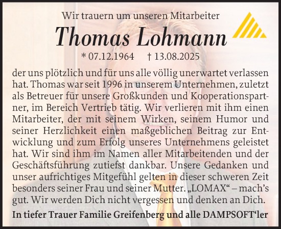 Traueranzeige von Thomas Lohmann von Eckernförder Zeitung, Hallo Eckernförde