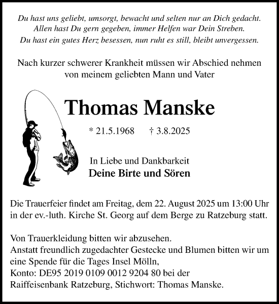 Traueranzeige von Thomas Manske von MARKT Ratzeburg/Mölln